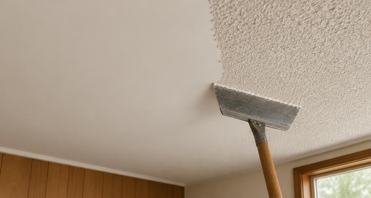 Popcorn texture being scraped from a ceiling in a Minnesota home during a ceiling renovation