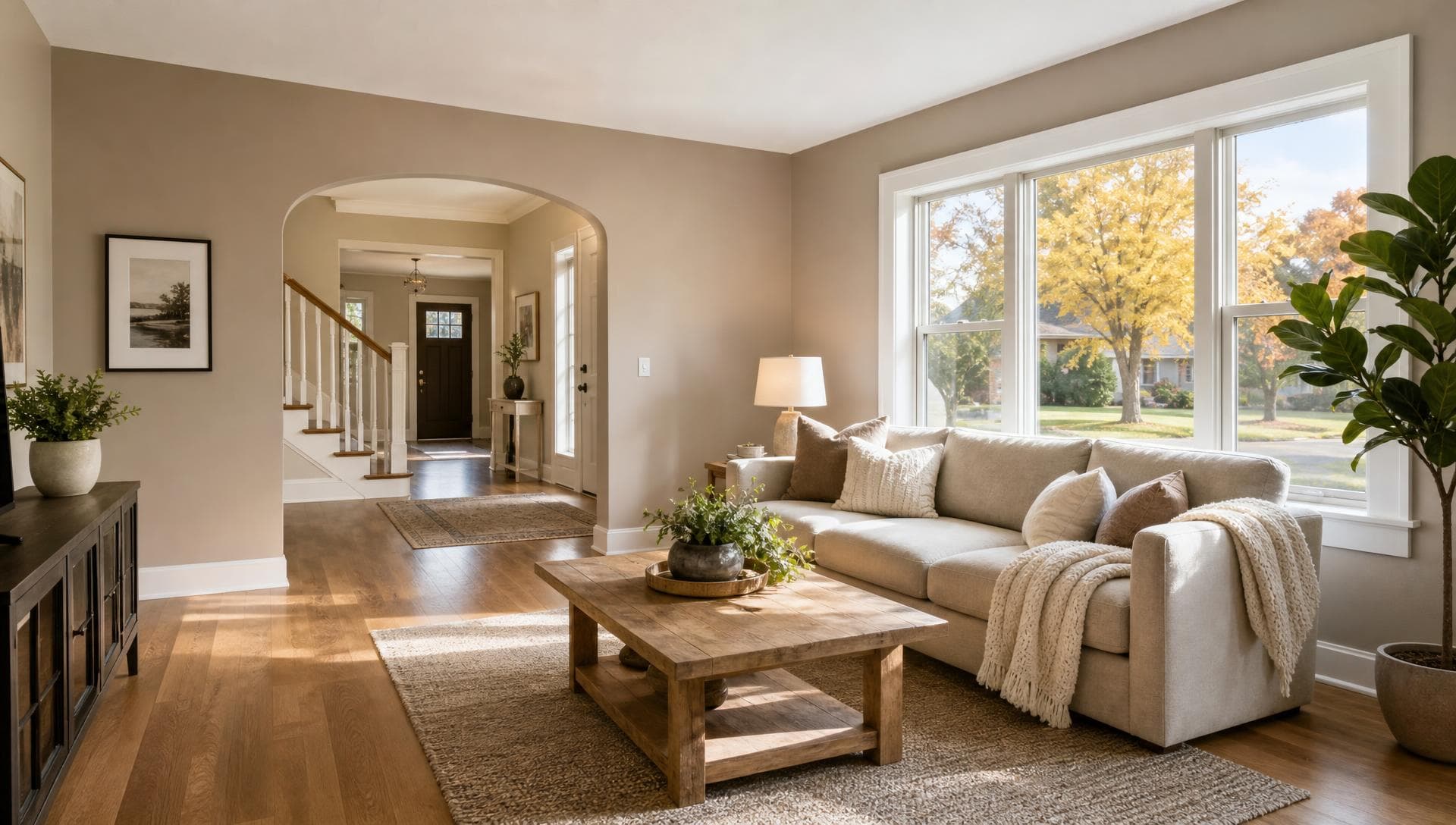 Freshly painted living room in a Minnesota home with warm neutral walls and natural fall light