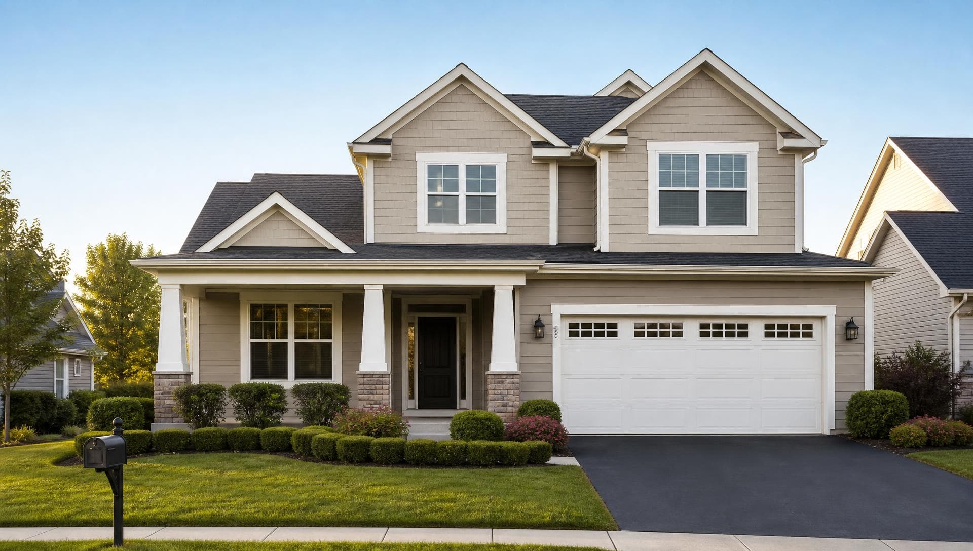 Freshly painted two-story home with beige siding and white trim in a Minnesota HOA-governed neighborhood