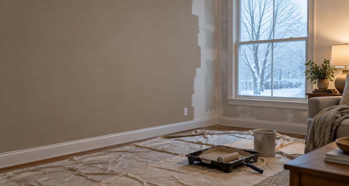 Freshly painted living room in a Minnesota home during winter, with warm light against a snowy window view